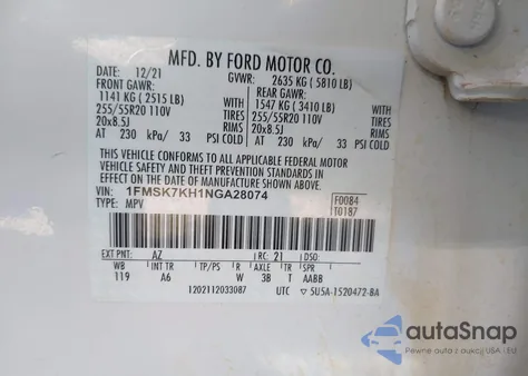 2022 Ford Explorer St-Line из США, поврежденный, VIN 1FMSK7KH1NGA28074